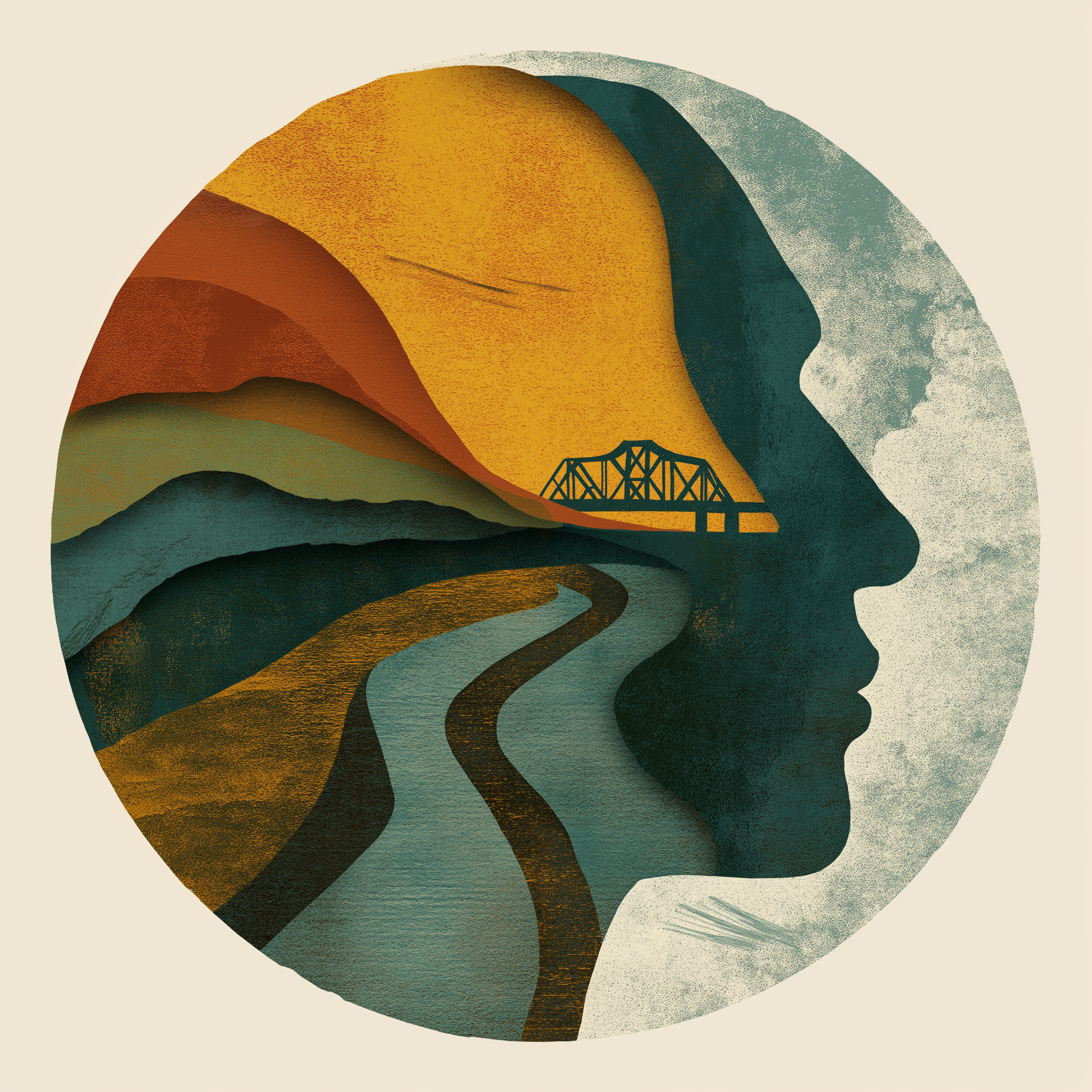 Confluence Counseling logo with river, human profile, landscape, and bridge imagery